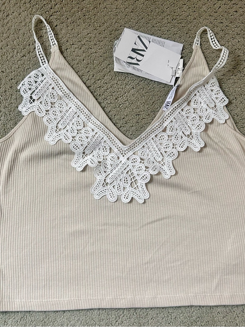 Zara Ribbed V-Neck Cami with White Lace Trim — Light Beige